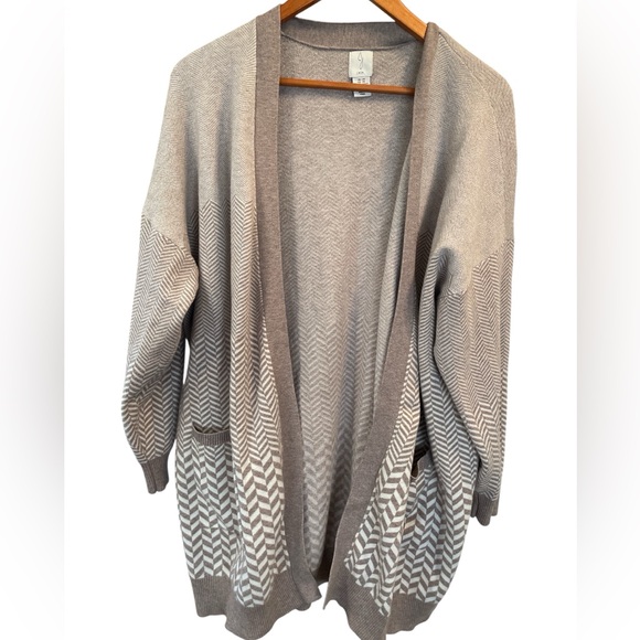 Joie Chevron Soft Cardigan Knit Sweater Long Sleeves Taupe White 2X - Picture 1 of 5